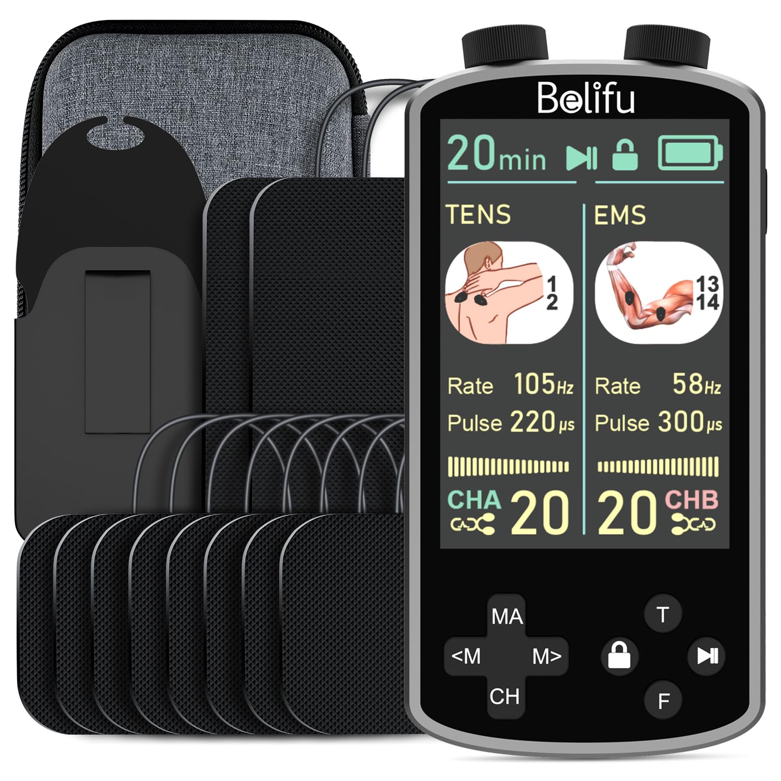 Belifu 4-in-1 TENS EMS Unit — 3.8 inch Color Display Period Cramp Simulator