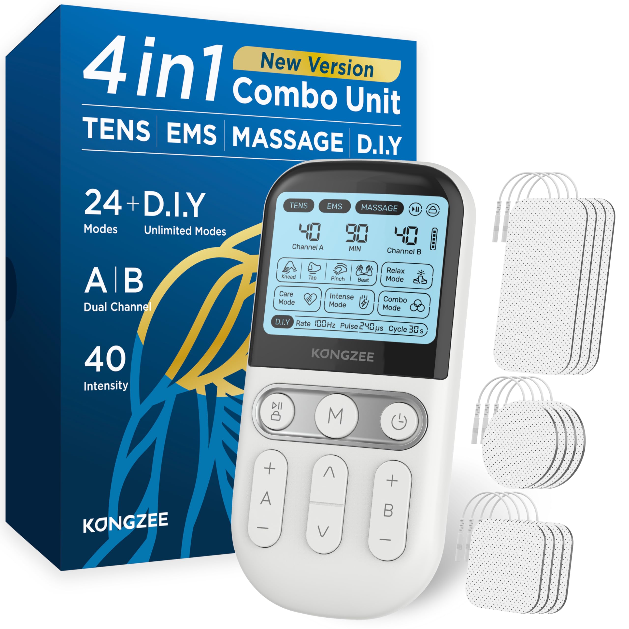 Kongzee 4-in-1 TENS EMS Massage DIY — 40 Intensity Levels FDA Cleared